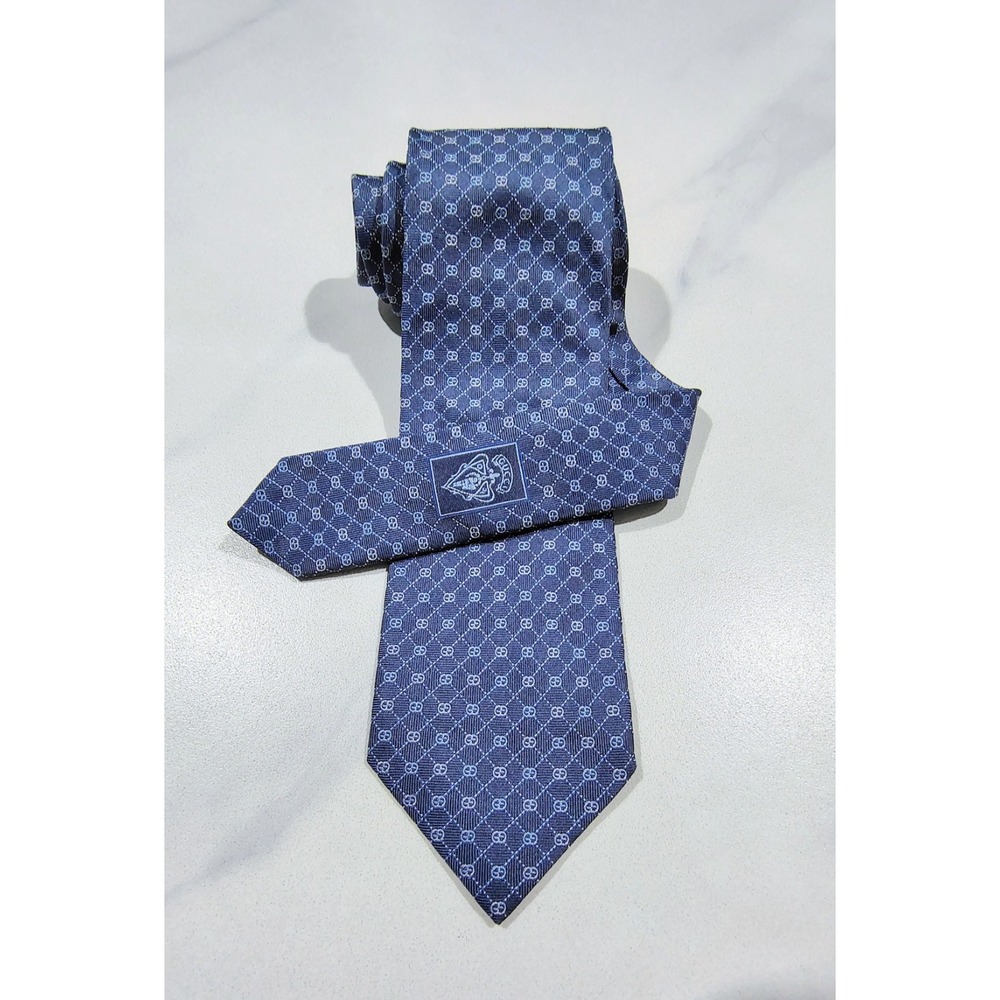 Gucci 100% Silk Tie GG Monogram Blue  Made In Italy Jacquard Necktie 58"  3.25"